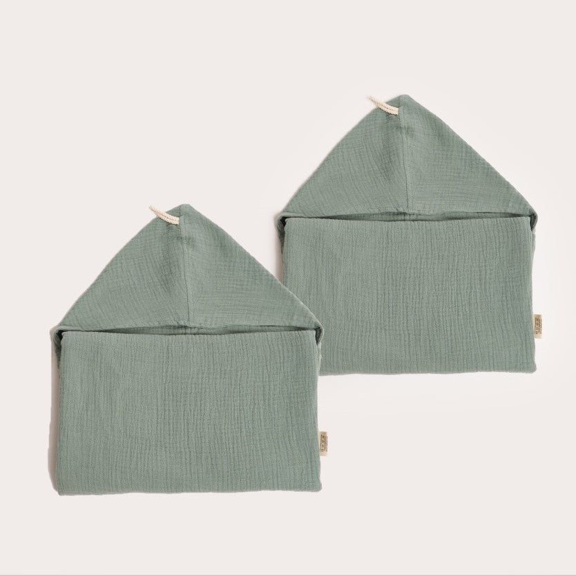 two neatly folded storm green organic hooded cotton children's towel